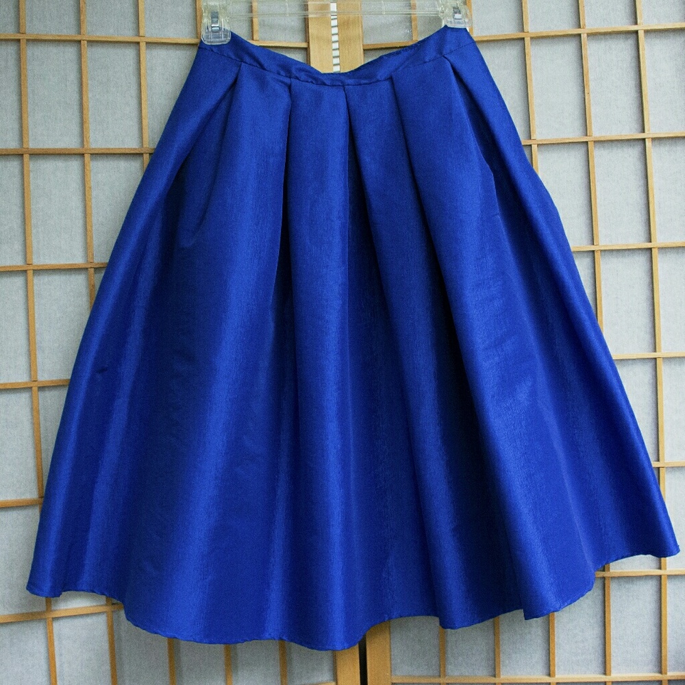 Royal Blue Pleated Taffeta Midi Skirt